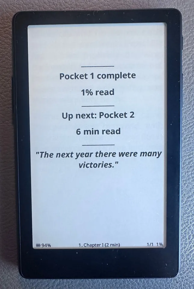 The end card: Pocket 1 complete, 1% read. Up next: Pocket 2, 6 min read, followed by the next pocket's first line in quotes.
