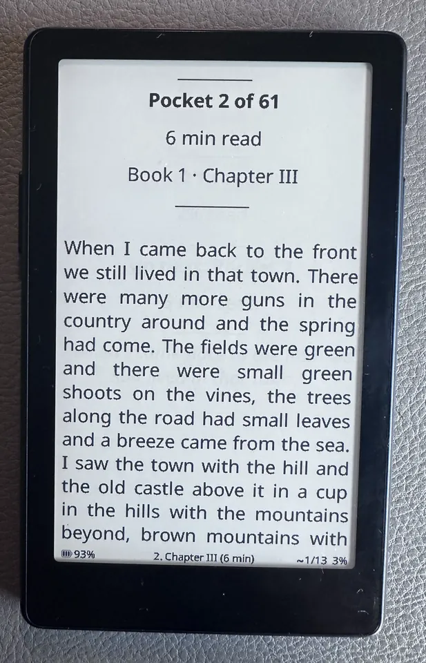 The reader showing the start of a pocket: Pocket 2 of 61, 6 min read, Book 1, Chapter III, then the first lines of the chapter.