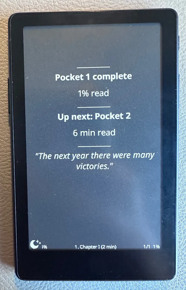 The same end card as a sleep screen, white text on a dark screen, with a small moon icon in the corner.